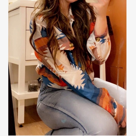 Tribal Western Print Button Down Oversized Jacket Shacket - Picture 3 of 10